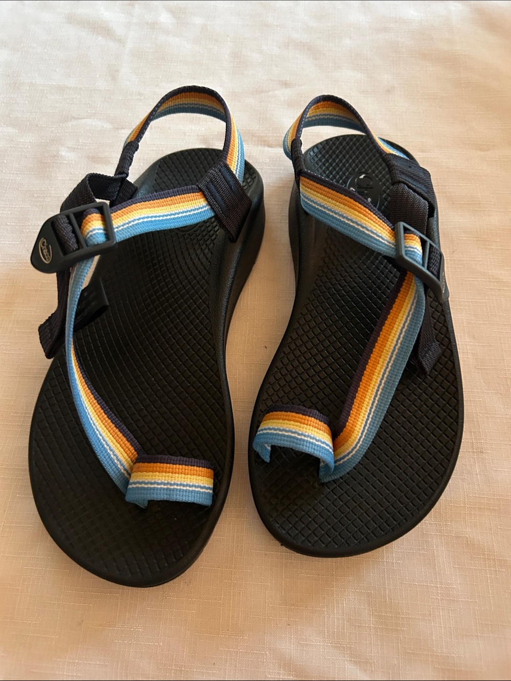 Chaco Sandals - Black with Blue, Yellow & Orange Stripes